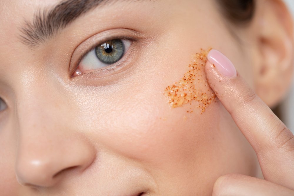 mujer hermosa poni茅ndose exfoliante facial